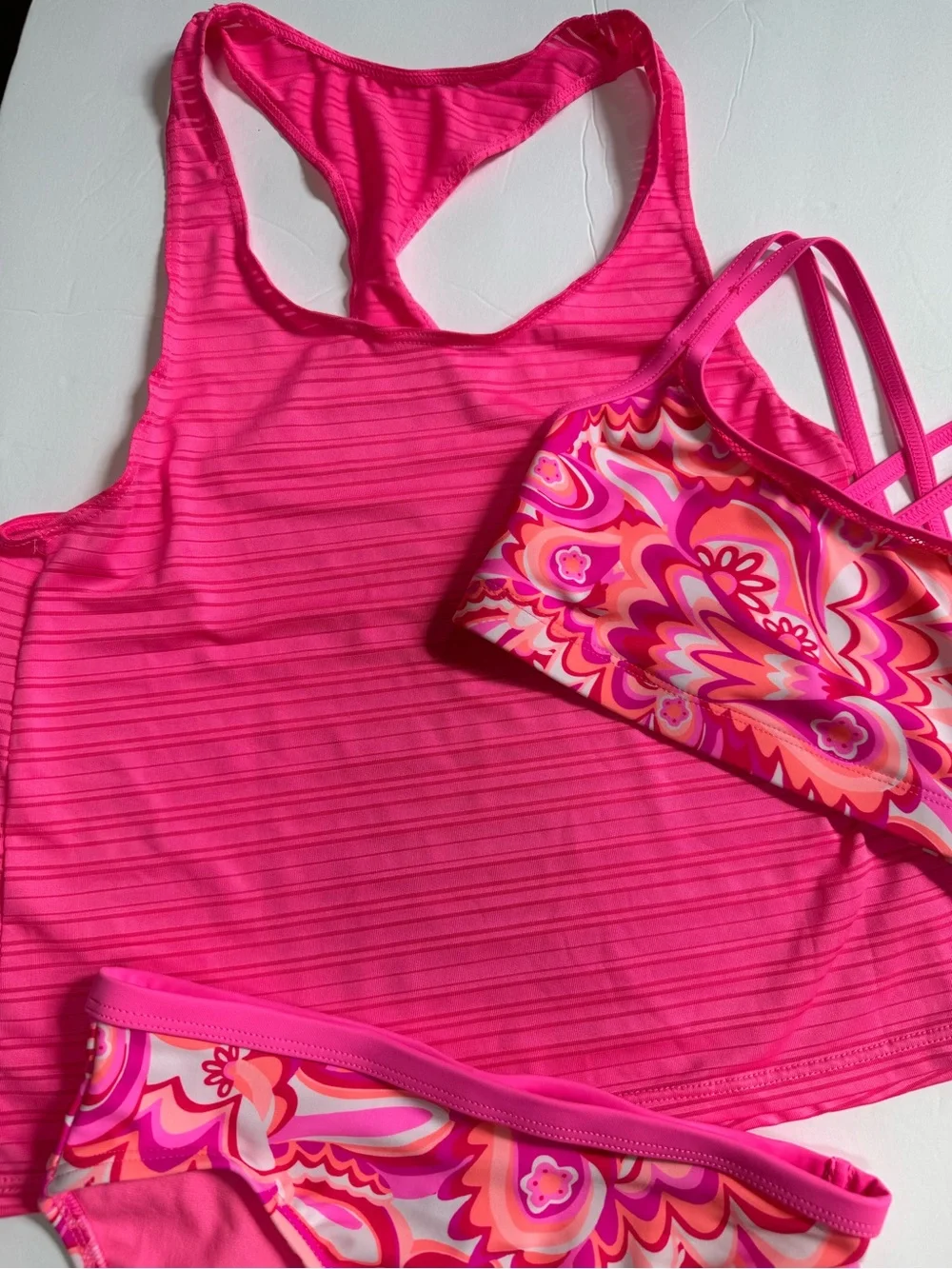 ZeroXPosur Girls 6x Swimsuit Pink Orange Flowers Swirl Bikini & Tank 3 Piece Set